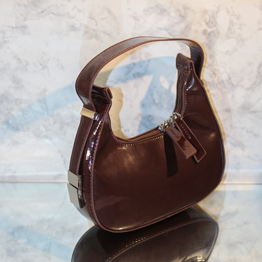 Solid Adjustable Patent Leather Baguette Bag