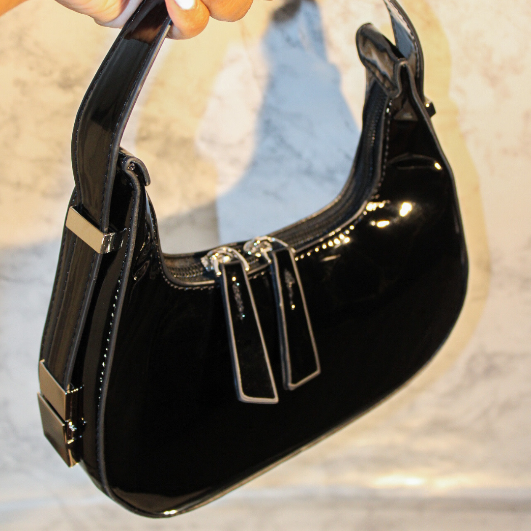 Solid Adjustable Patent Leather Baguette Bag