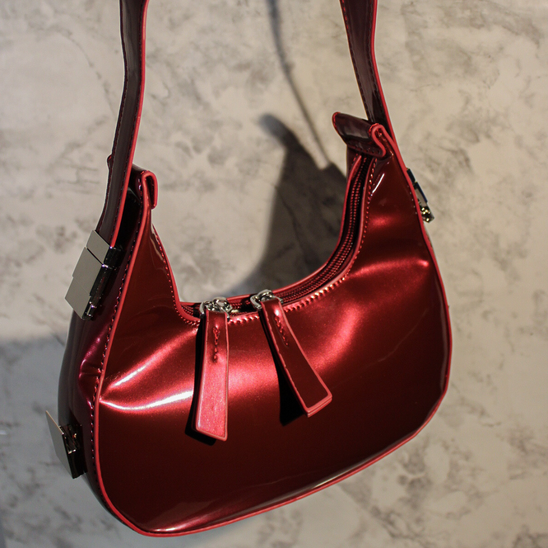 Solid Adjustable Patent Leather Baguette Bag