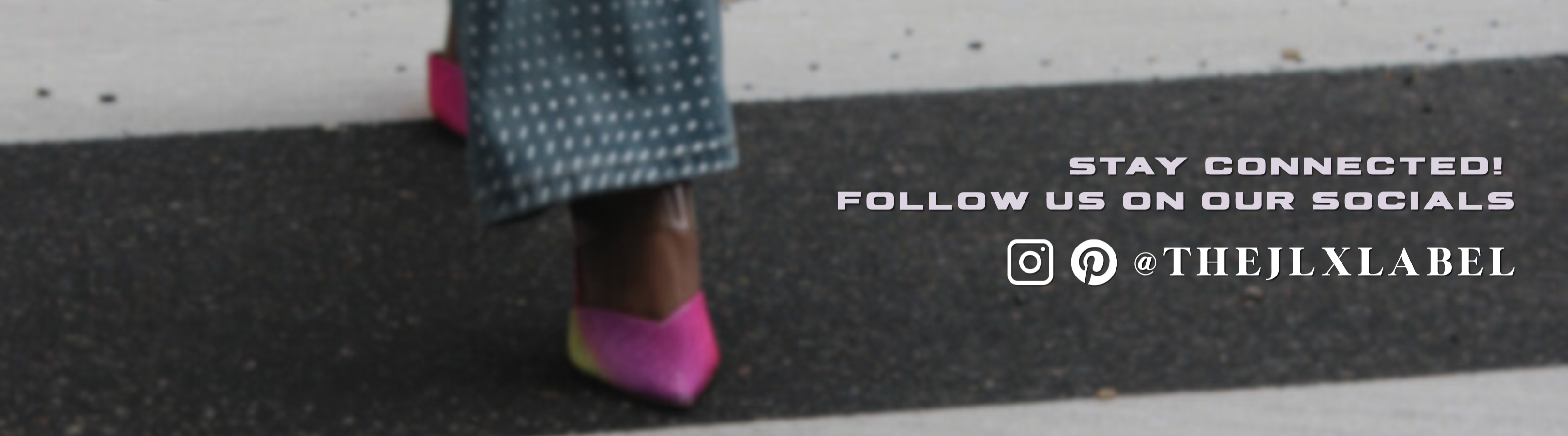 Person wearing ombre pink shoes stepping onto a street crosswalk with social media call-to-action text.